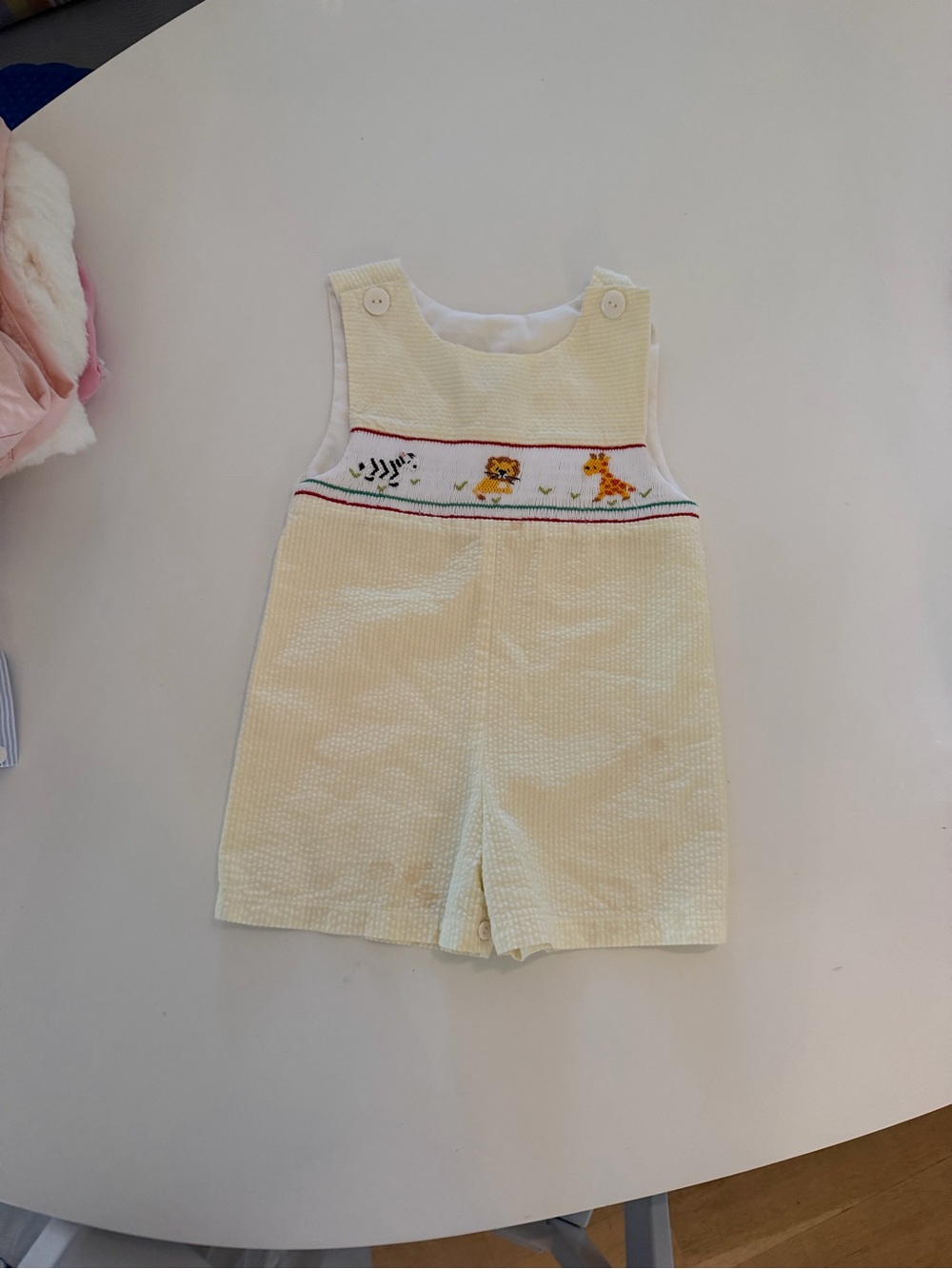 Smocked Yellow Baby Shortalls with Animal Motif